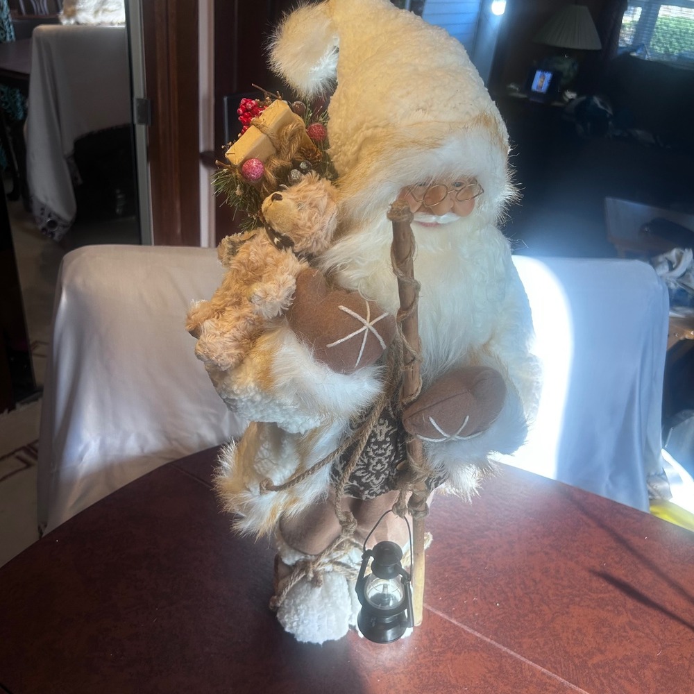 Rustic Woodland Santa Claus Figure 24+ Inch Sherpa Coat Teddy Bear Lantern Decor